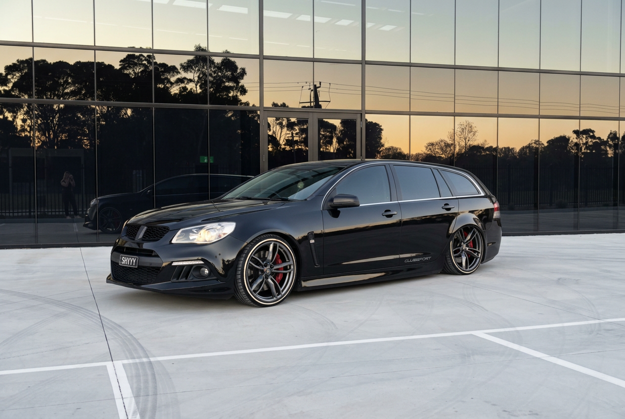 Black HSV Clubsport wagon with aftermarket alloy wheels and red brake calipers in front of a glass building at sunset