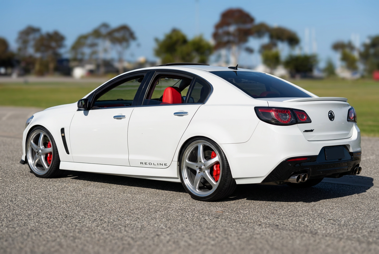 White Holden Commodore VF Redline with red interior and silver wheels showing rear three-quarter view