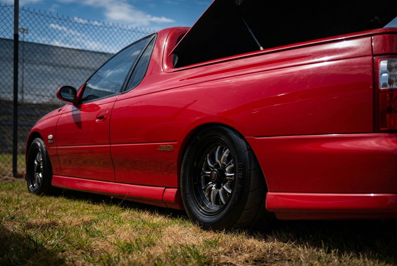 Red Holden Commodore SS ute with aftermarket drag wheels, low rear-side view at a show