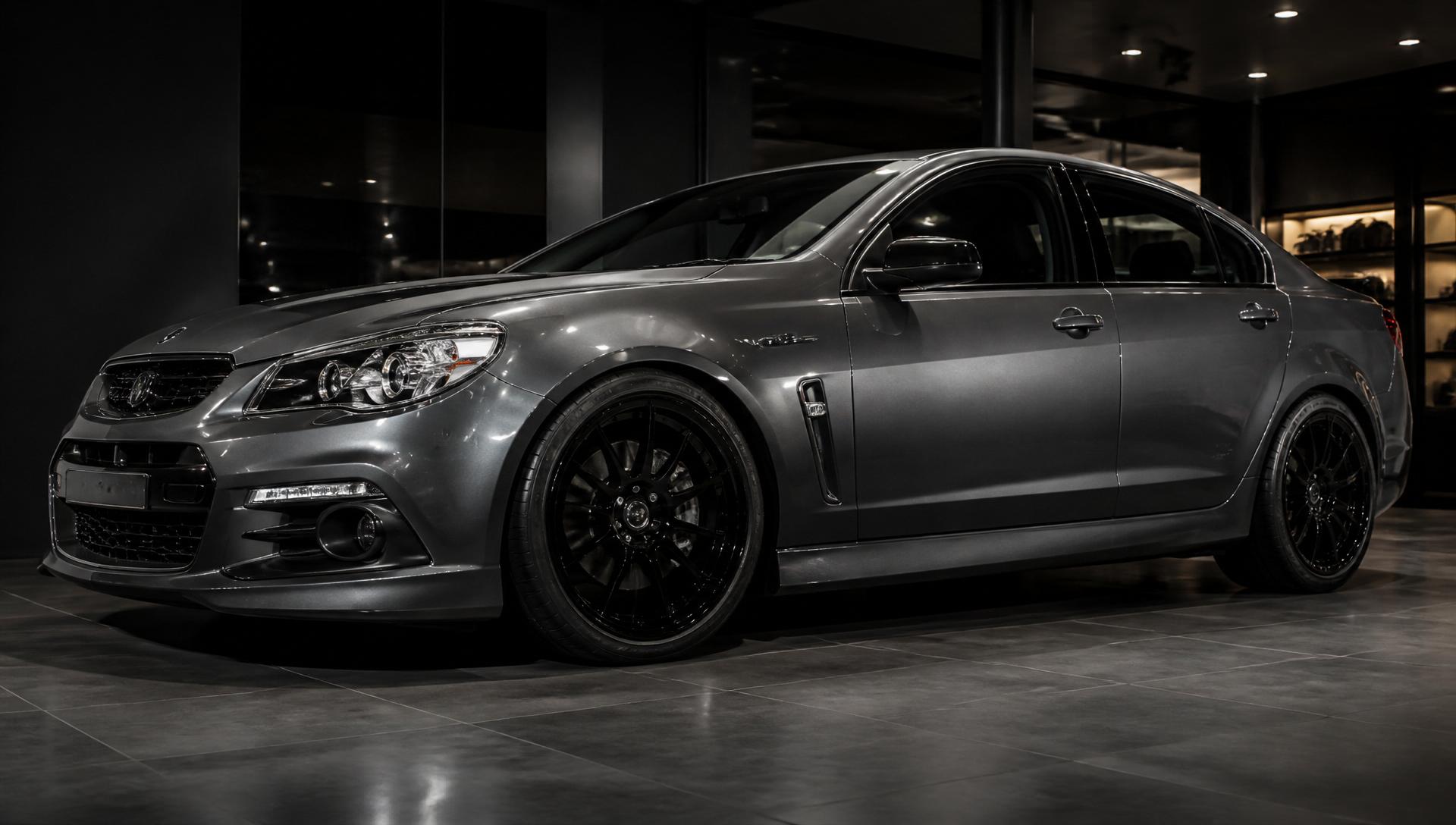 Holden Commodore with aftermarket alloy wheels in a premium showroom