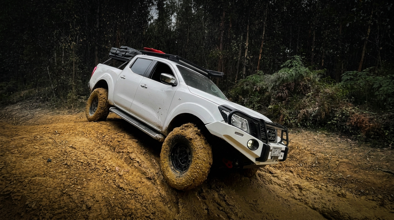 White 4x4 dual-cab ute with bullbar, roof rack and mud tyres climbing a muddy offroad track
